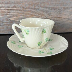 Belleek Harp Shamrock Cup and Saucer Set